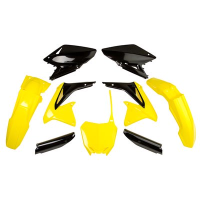 Acerbis Full Plastics Kit for Suzuki RMZ450 (2008-2017) featuring a mix of vibrant yellow and sleek black plastic components, including fenders and side panels.