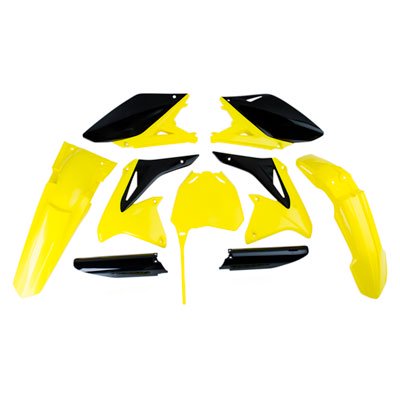 Acerbis Full Plastics Kit for Suzuki RMZ250 (2010-18) featuring vibrant yellow and black plastic panels, including fenders, side panels, and number plates.