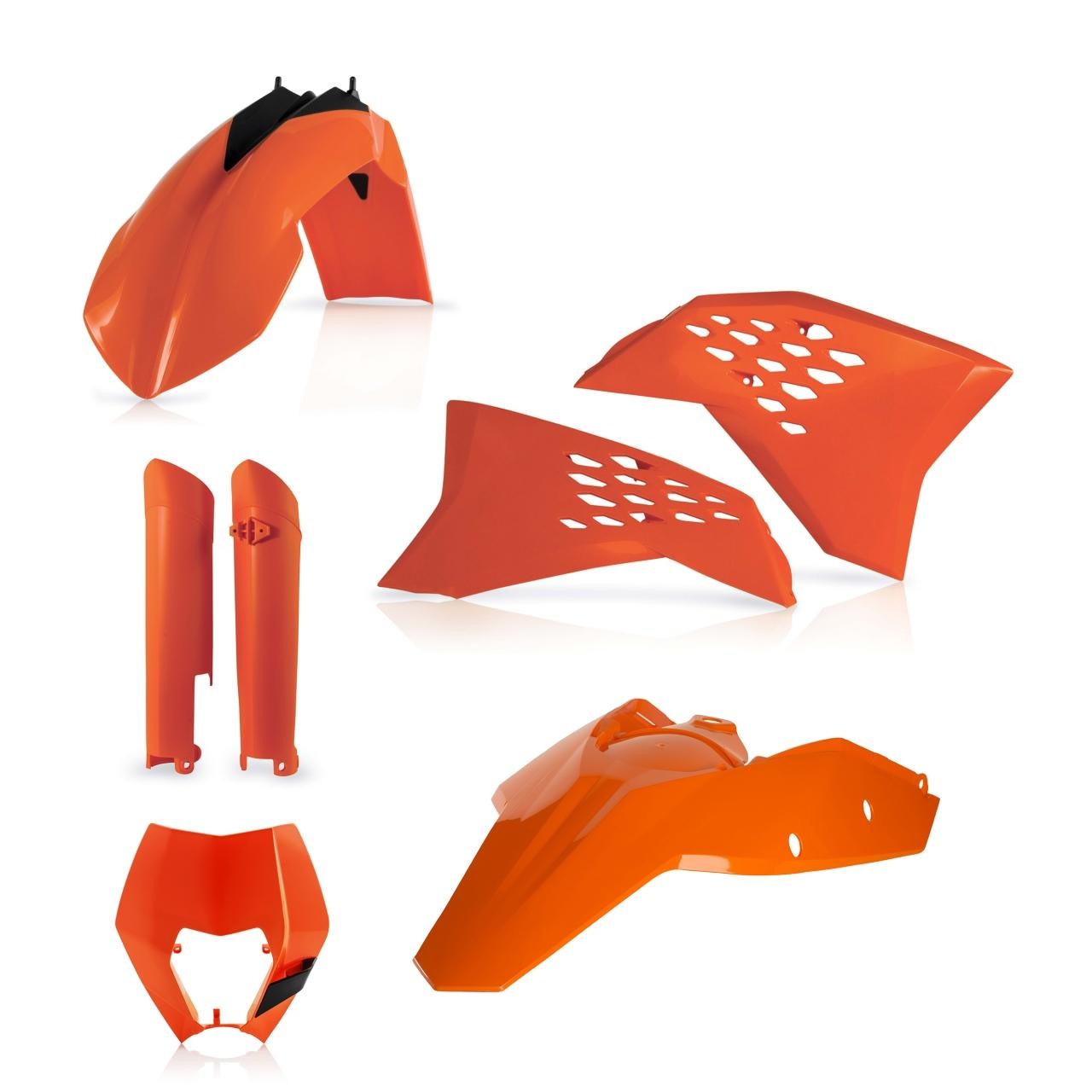 Acerbis Full Plastics Kit for KTM EXC/EXC-F models (2008-2011) featuring vibrant orange plastic components including fenders, side panels, and a front number plate.