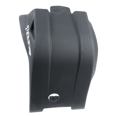 Black plastic skid plate designed for 2008-2017 RM-Z 450, featuring a smooth surface, contoured shape, and an Acerbis logo for enhanced protection and durability.