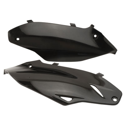 Black plastic side panels designed for Acerbis, compatible with Kawasaki KXF250 (2013-16) and KXF450 (2012-15), featuring a sleek aerodynamic shape and multiple mounting points.