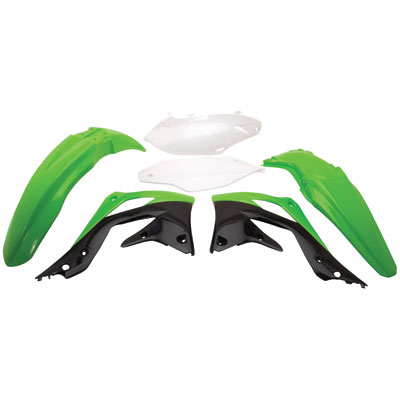Acerbis Plastics Kit for Kawasaki KXF450 2012 featuring vibrant green, black, and white plastic components, including fenders and side panels.
