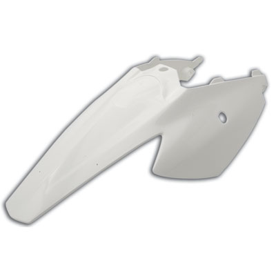 White plastic rear fender and side cowling for KTM SX85 models from 2004 to 2012, featuring a sleek design with mounting points for easy installation.