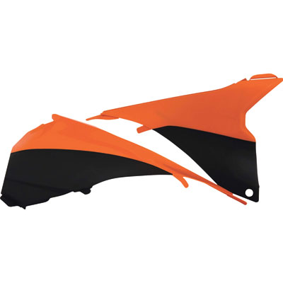Acerbis Air Box Covers in orange and black, designed for KTM SX 125/150/250 and SXF 250/350/450 models from 2013-2015, featuring a sleek, durable plastic construction.