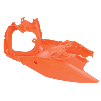 Bright orange plastic rear side panels designed for motorcycles, featuring a sleek, contoured shape with mounting points for easy installation.