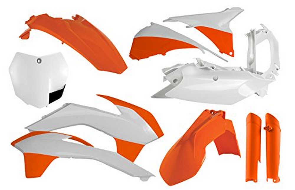 Acerbis Full Plastics Kit for KTM SX 125/150/250 & SXF 250/450/505 (2013-14) featuring orange and white plastic panels, including fenders, side panels, and number plates.