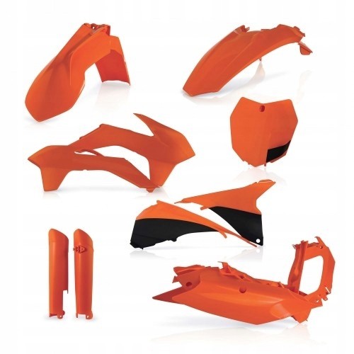 Acerbis Full Plastics Kit in vibrant orange, featuring multiple motorcycle body panels including fenders, side panels, and number plates, designed for KTM SX and SXF models from 2013-14.