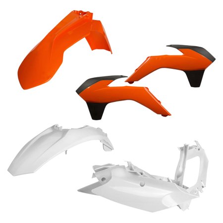 Acerbis Full Plastics Kit for KTM SX 125/150/250 & SXF 250/350/450 (2013-15) featuring orange, white, and black plastic components, including fenders and side panels.