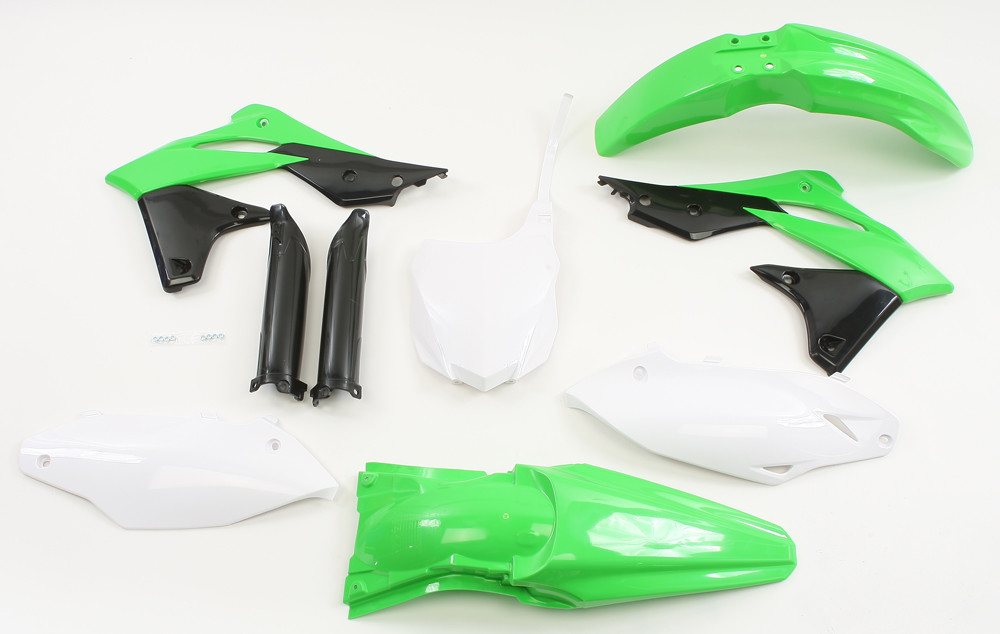 Acerbis Standard Plastics Kit for Kawasaki KXF250 (2013-16) featuring green, white, and black plastic components, including fenders, side panels, and a front number plate.