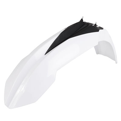 White Acerbis front fender for KTM SX85 (2013-2017) featuring a sleek design with a black accent on top, made from durable plastic material.