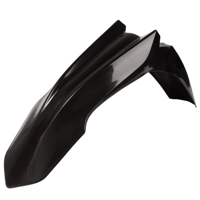 Black plastic front fender designed for Honda CRF250R (2014-17), CRF450R, and CRE450F (2013-16), featuring a sleek, aerodynamic shape and smooth finish.