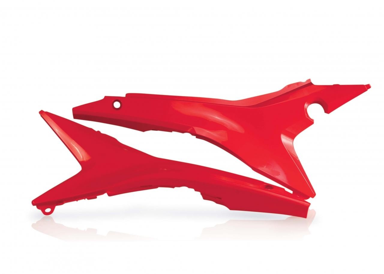 Red plastic air box covers designed for Honda CRF250R (2014-2017) and CRF450R (2013-2016), featuring a sleek, aerodynamic shape with cutouts for easy installation.