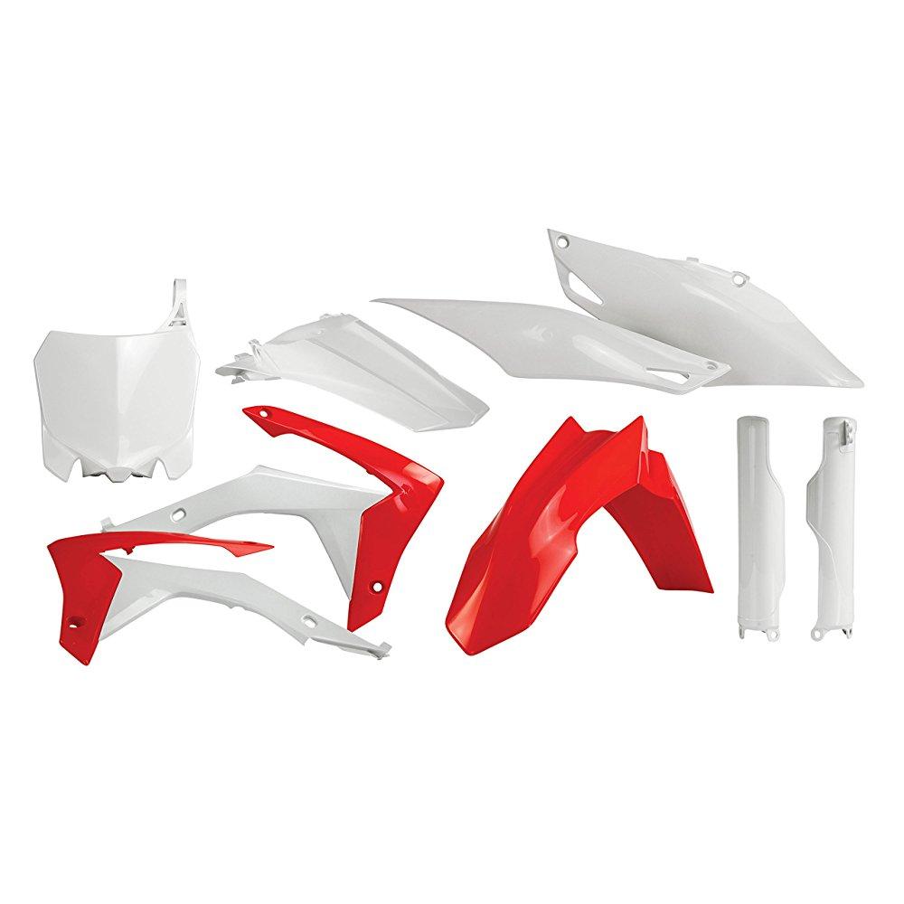 Acerbis Full Plastics Kit for Honda CRF450 (2013-16) and CRF250 (2014-17) featuring a combination of white and red plastic components, including fenders and side panels.