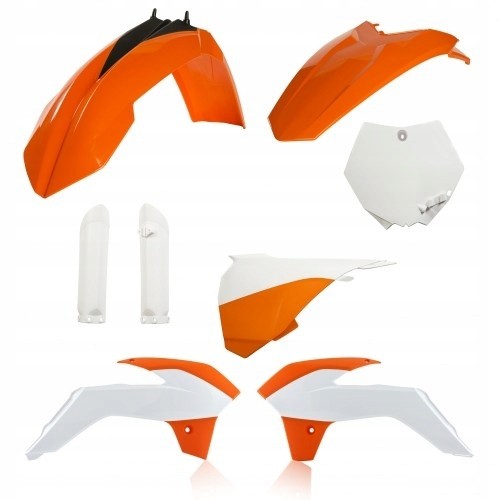 Acerbis Full Plastics Kit for KTM SX85 (2013-2017) featuring vibrant orange and white plastic components, including fenders, side panels, and a number plate.