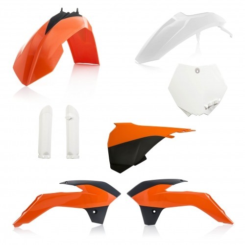 Acerbis Full Plastics Kit for KTM SX85 (2013-2017) featuring orange and white plastic bodywork, including front fender, side panels, and rear number plate.