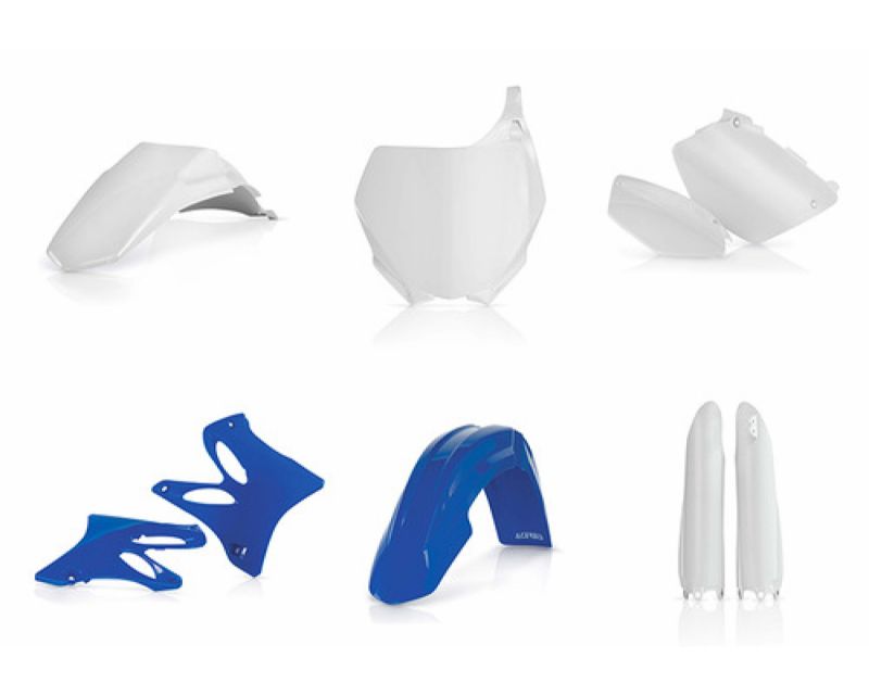 Acerbis Full Plastics Kit for Yamaha YZ 125/250 (2006-2014) featuring blue and white plastic components, including fenders, side panels, and number plates.