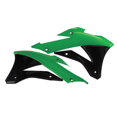 Green and black plastic radiator scoops designed for Kawasaki KX 85/100 models from 2014 to 2021, featuring a sleek aerodynamic shape and multiple mounting holes.