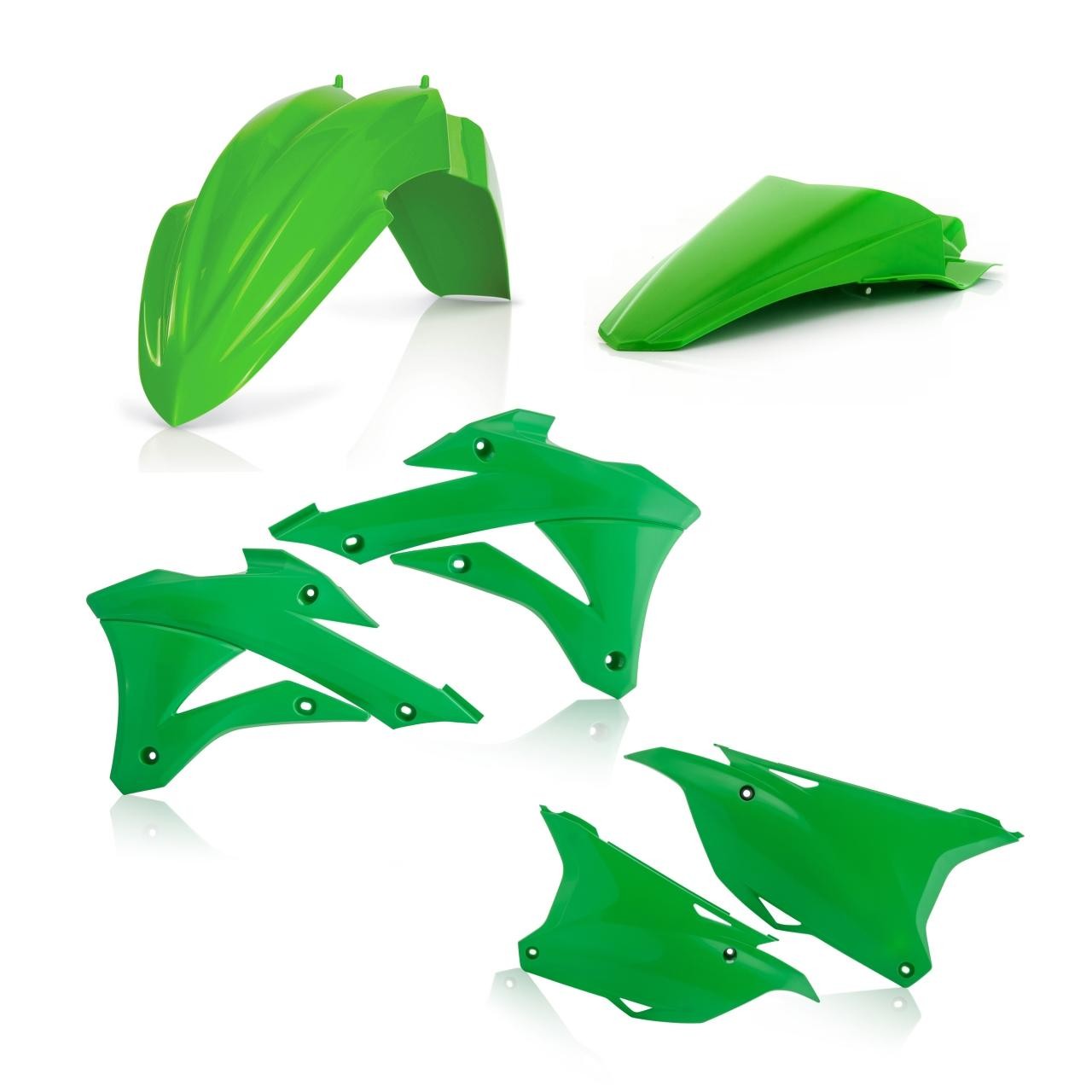 Bright green plastic bodywork kit for Kawasaki KX85 (2014-2021), including front fender, rear fender, side panels, and number plates, featuring smooth, durable finish.