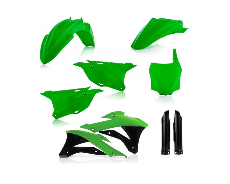 Acerbis Full Plastics Kit for Kawasaki KX 85/100 (2014-21) featuring vibrant green and black plastic components, including fenders, side panels, and number plates.