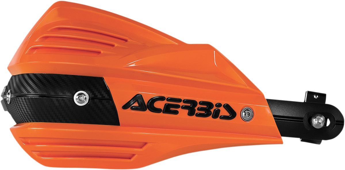 Bright orange Acerbis X-Factor hand guard featuring a sleek design, carbon fiber accents, and a sturdy black mounting bracket for enhanced protection.