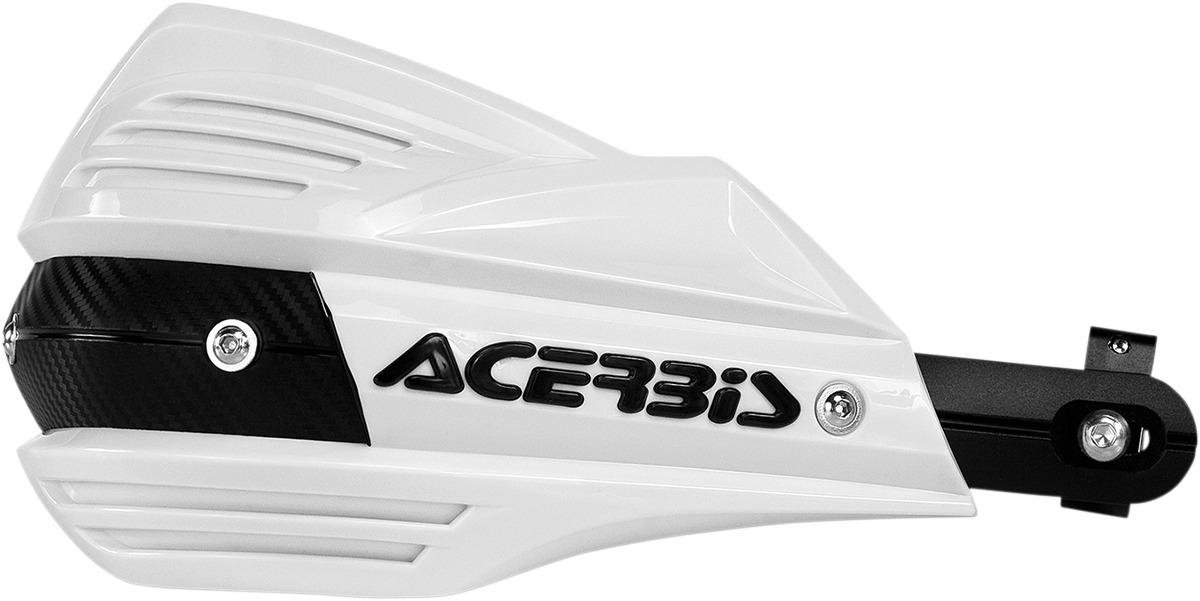 White Acerbis X-Factor hand guard featuring a sleek design, textured surface, and carbon fiber accents, designed for men’s motorcycle protection.