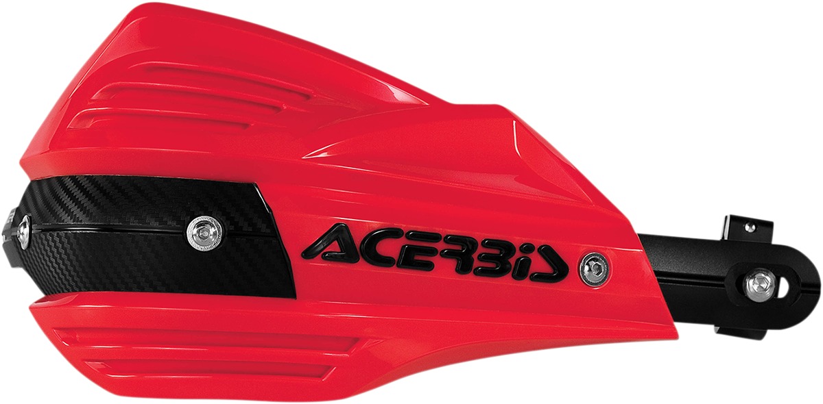 Red Acerbis X-Mx ATV motocross handguard features a sleek design with textured surfaces, a black carbon fiber accent, and mounting hardware for easy installation.