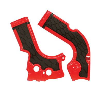 Red Acerbis X-Grip frame guards for Honda CRF250R (2014-17) and CRF450R (2013-16) featuring textured black grip areas and durable plastic material.