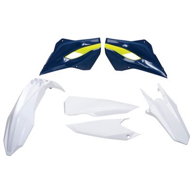 Acerbis Standard Plastics Kit in white, navy, and yellow for Husqvarna models, featuring two side panels, a front fender, and additional plastic components.