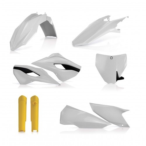 Acerbis Full Plastics Kit for Husqvarna FE 250-501 & TE 125-300, featuring white plastic bodywork with yellow fork guards and sleek, aerodynamic design elements.