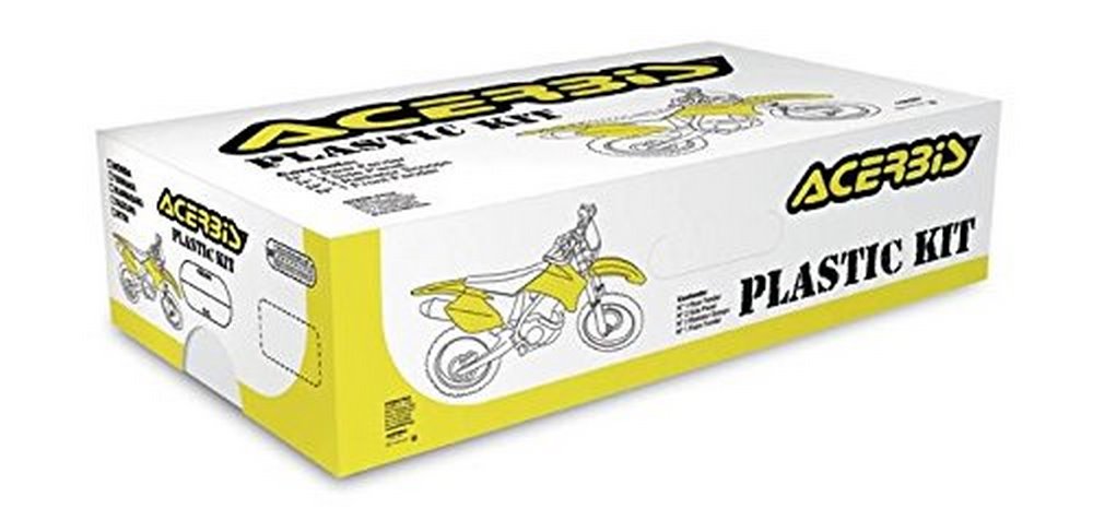 Acerbis Full Plastics Kit for Husqvarna FC 250/350/450 (2014-15) in black, featuring durable plastic components, packaged in a white box with a yellow design and motorcycle illustration.