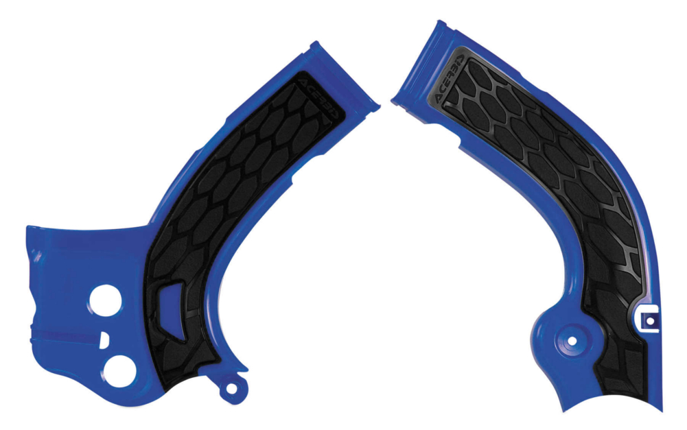 Blue Acerbis X-Grip frame guards with textured black rubber inserts, designed for Yamaha YZF250 (2014-16), YZF450 (2014-15), and WRF250 (2015-19) models.