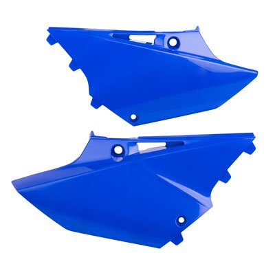 Bright blue plastic side panels designed for Yamaha WR 125/250 and YZ 125/250 models from 2015 to 2021, featuring a sleek, aerodynamic shape and mounting holes for easy installation.