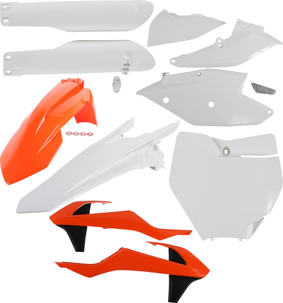 Acerbis Full Plastics Kit for KTM SX 125/150 & SXF 250/350/450 (2016-2018) featuring white, orange, and black plastic parts, including fenders, side panels, and number plates.