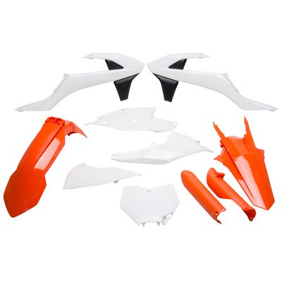 Acerbis Full Plastics Kit for KTM SX 125/150/250 & SXF 250/350/450 (2016-18) featuring white and orange plastic panels, including fenders and side panels.