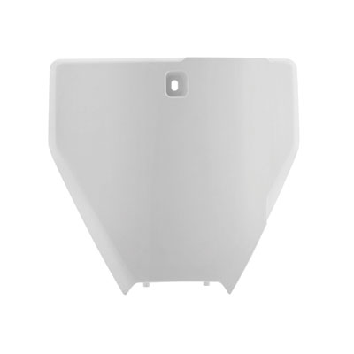 White front number board made of durable plastic, designed for Husqvarna FC and TC models from 2016 to 2018, featuring a sleek, aerodynamic shape and a central mounting hole.