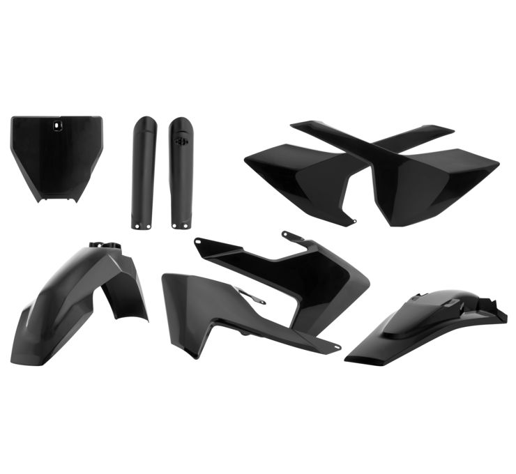 Acerbis Full Plastics Kit in black for Husqvarna TC 125/250/300 and FC 250/350/450, includes fenders, side panels, and number plates, designed for 2016-2018 models.