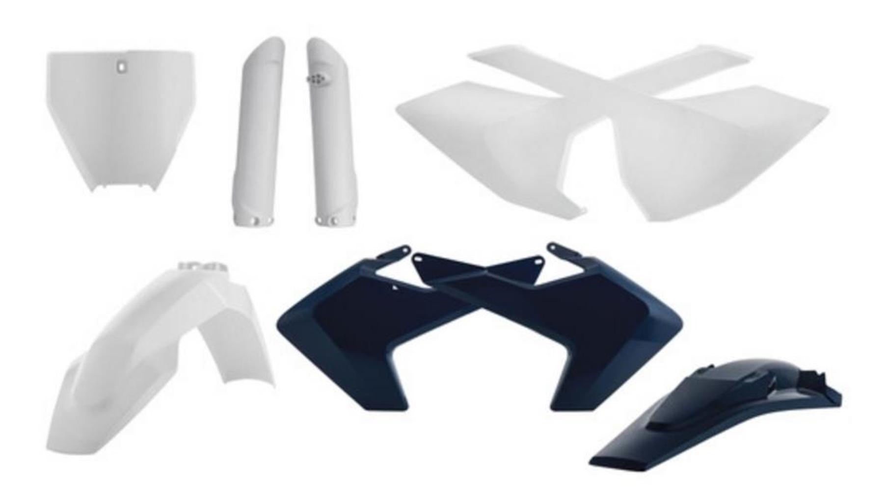 Acerbis Full Plastics Kit in white and navy for Husqvarna TC/FC models 2016-18, featuring fenders, side panels, and number plates made from durable plastic.