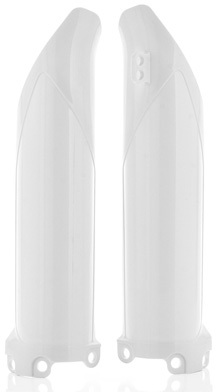 White plastic fork guards designed for Acerbis, compatible with Kawasaki KXF250 (2017-2025) and KXF450 (2016-2025), featuring a sleek aerodynamic shape and mounting holes.