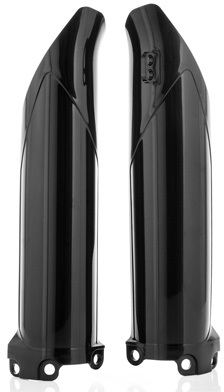 Black plastic fork guards designed for Acerbis, compatible with Kawasaki KXF250 (2017-2025) and KXF450 (2016-2025), featuring a sleek, glossy finish and streamlined shape.