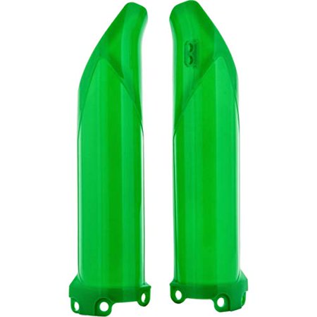 Green plastic fork guards designed for Acerbis, compatible with Kawasaki KXF250 (2017-2025) and KXF450 (2016-2025), featuring a sleek, aerodynamic shape and mounting holes.