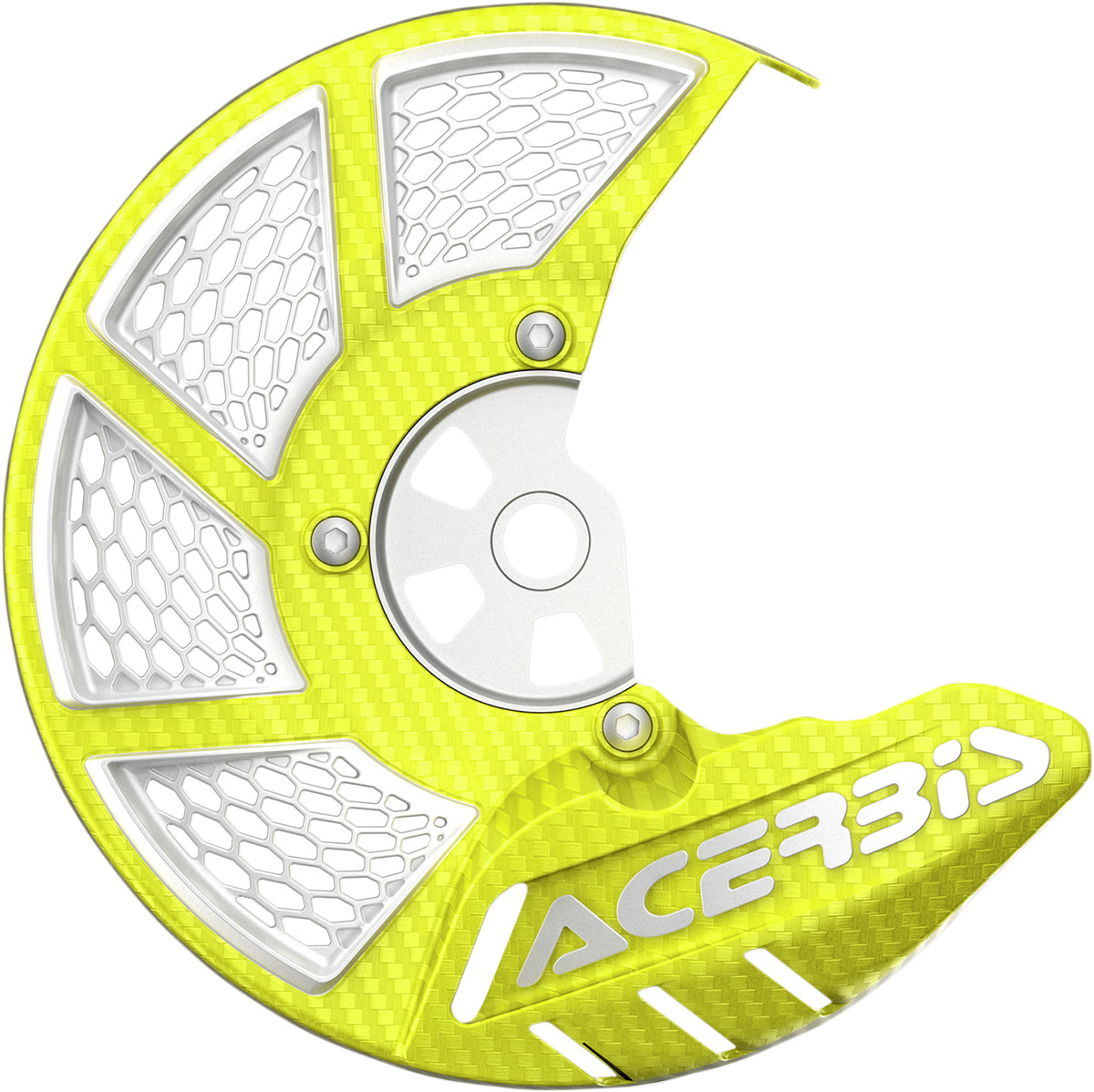 Bright yellow Acerbis X-Brake 2.0 front disk cover features a carbon fiber texture, a honeycomb design, and a prominent Acerbis logo in white on the side.