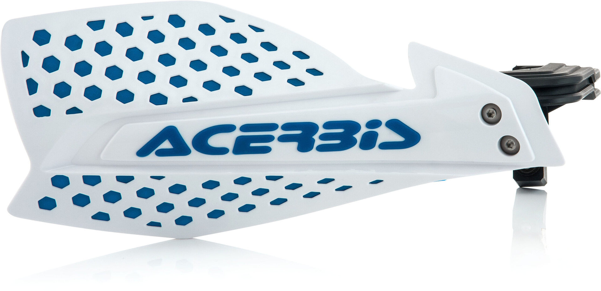 White Acerbis X-Ultimate handguards featuring a hexagonal pattern, blue logo, and adjustable mounting hardware for enhanced protection and style on motorcycles.