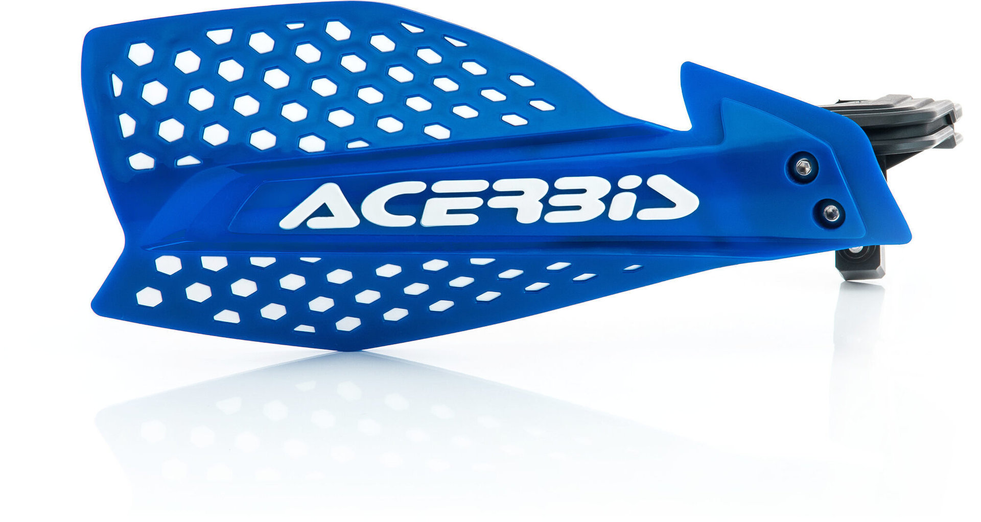 Blue and white Acerbis Ultimate X handguard featuring a hexagonal pattern, sturdy plastic construction, and a sleek design for motorcycle protection.