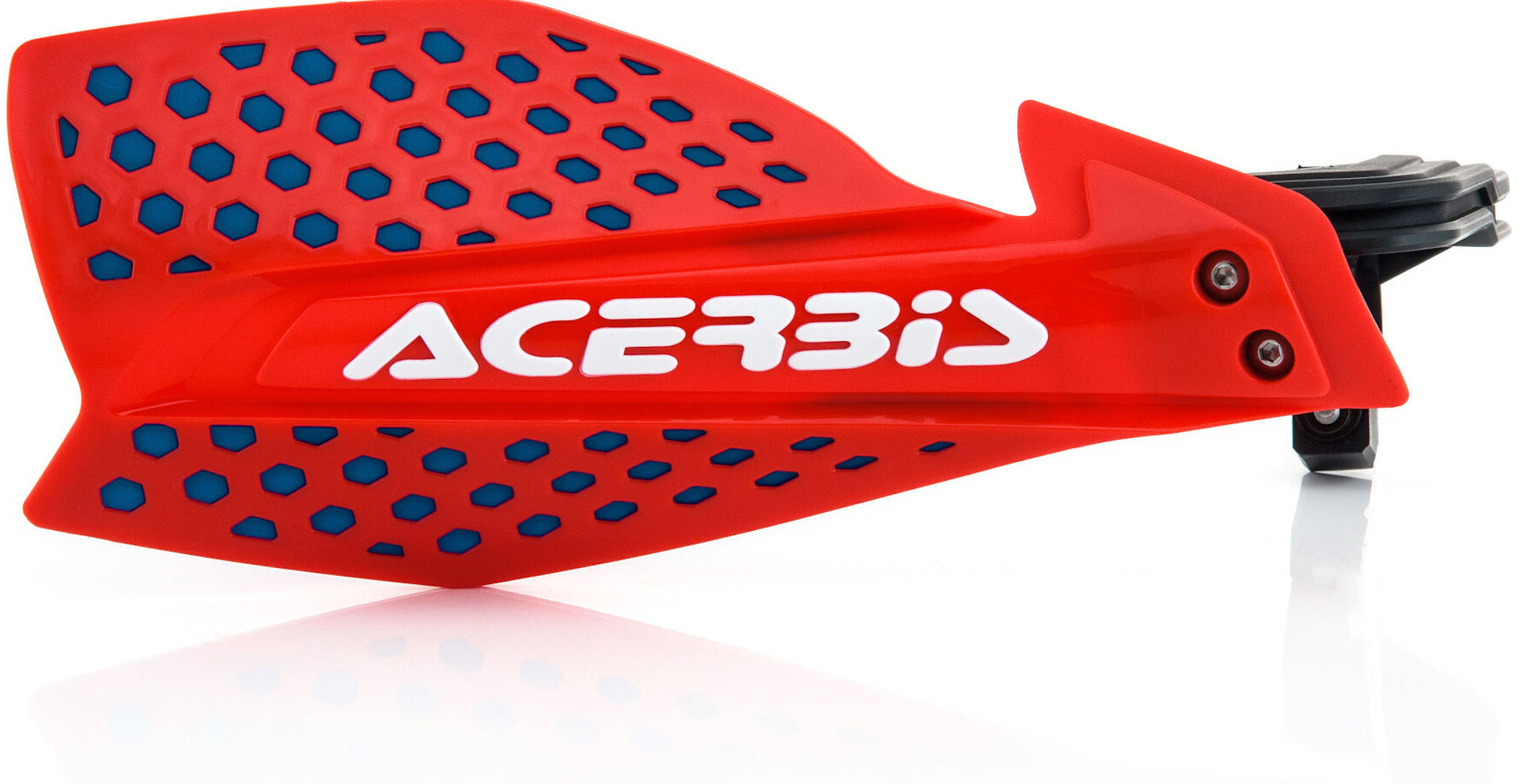 Red Acerbis X-Ultimate handguards featuring a honeycomb design, made of durable plastic with blue accents and a sleek, aerodynamic shape for optimal protection.