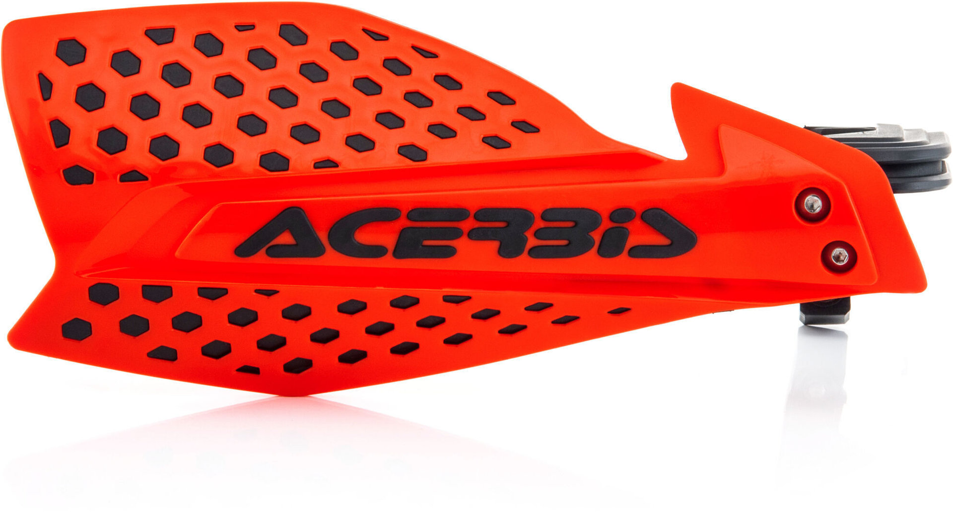 Bright orange Acerbis X-Ultimate handguards featuring a hexagonal pattern, durable plastic construction, and a prominent black logo for enhanced visibility and protection.