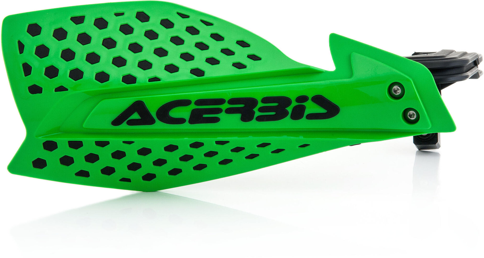 Green and black Acerbis X-Ultimate MX offroad handguards featuring a hexagonal pattern, removable vent covers, and a sturdy design for enhanced protection.
