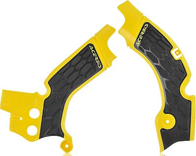 Yellow and black Acerbis X-Grip frame protectors featuring a textured grip surface, designed for Suzuki motorcycles, with a sleek, contoured shape for optimal fit.