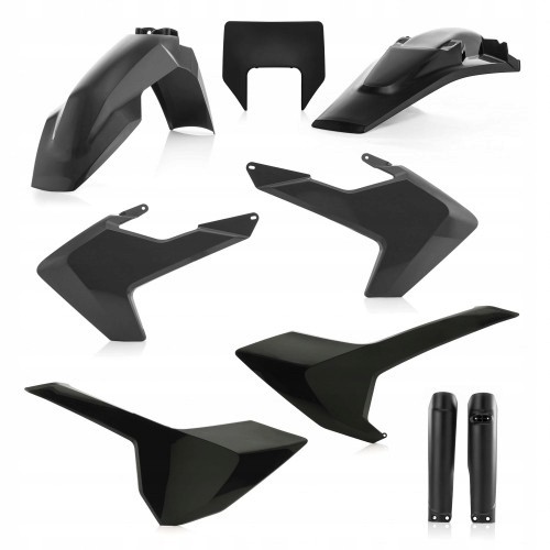 Acerbis Full Plastics Kit for Husqvarna FE 250/350/450/501 (2017-19) in black, featuring durable plastic fenders, side panels, and a front number plate.