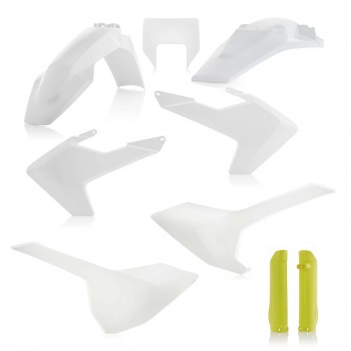 Acerbis Full Plastics Kit for Husqvarna FE 250/350/450/501 (2017-19) featuring white plastic body panels and yellow fork guards, designed for OEM fit and durability.