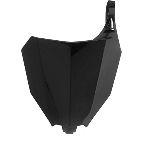 Black front number board designed for Honda CRF250R 2018 and CRF450R 2017-18, featuring a sleek, angular shape with a smooth finish and a mounting hook.